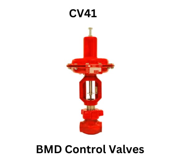 Red BMD control valves labeled 'BMD Control Valves' showcasing the CV41 product line